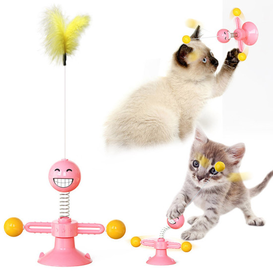 Cat Teaser Wand Funny Turntable Teasing Stick Interactive Feather Spring Ball With Suction Cup Kitten Toys